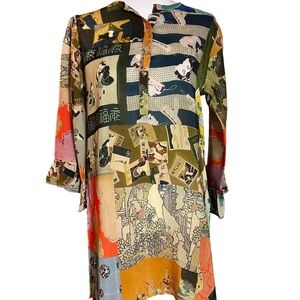 Johnny Was Vera Tunic Cupra Rayon Boho Asian Rare Split Neck Top XXS. NWT
